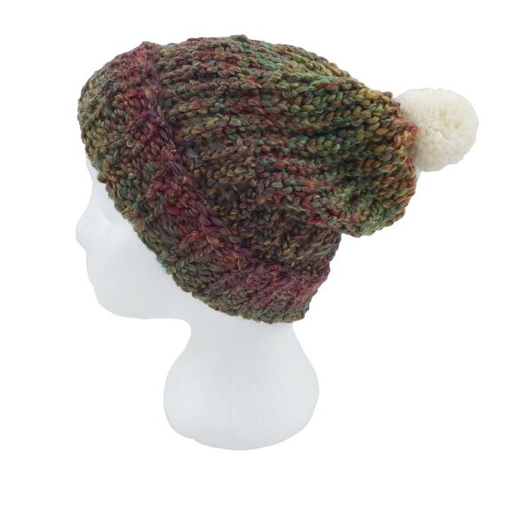 Chunky Beanie Slouch Hat Toque Cream Pompom M-L Green Red Mix Handmade Loom Knit - Picture 1 of 16